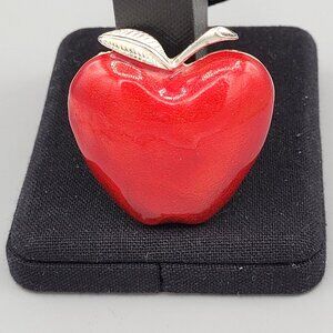 Large Red Enamel Apple Brooch Silver Tone Leaves Gift Giving Vintage